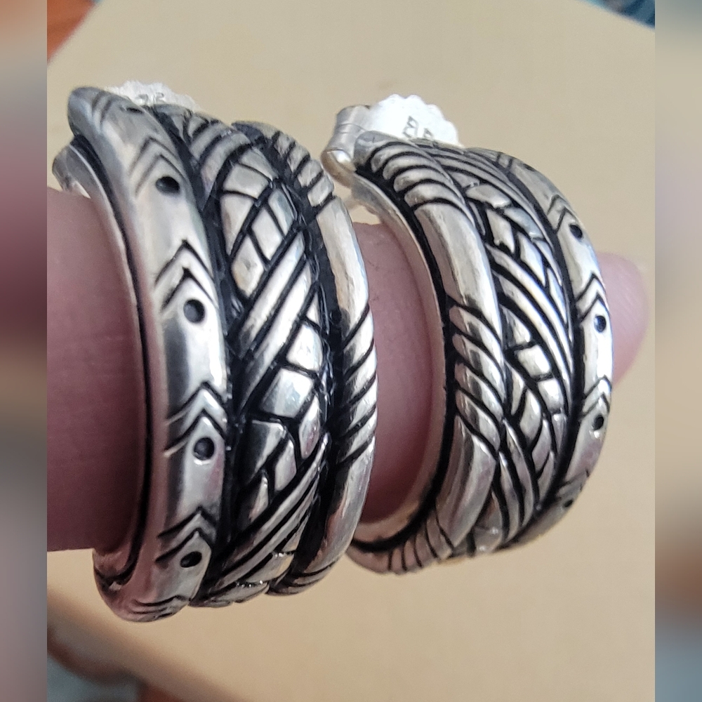 BBJ 925 Sterling Silver Patterned Hoop Earrings Vintage